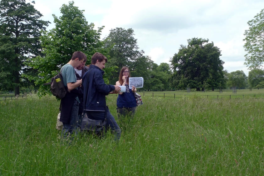 Dr Sarah Spooner attempts to convince students that the earthworks of the early eighteenth-century gardens at Wimpole do still exist underneath the very long summer grass.
